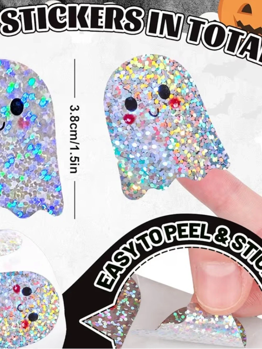 NEW! 50 Glitter Ghosts Holographic Silver  1.5 inch Stickers
